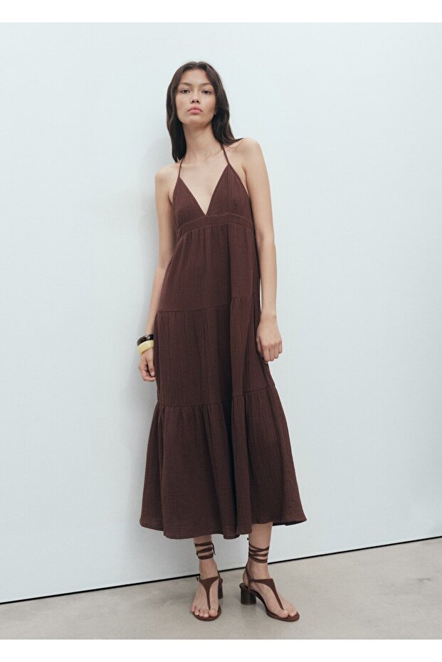 V yakalı pamuklu elbise - 2