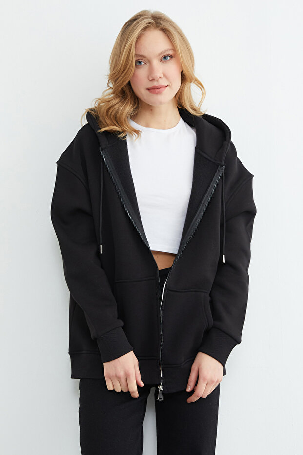 Hanorac oversize cu glugă și fermoar, cu 3 fire, model Basic - 5