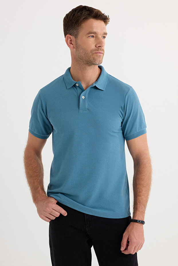 Men's Slim Fit Slim Fit Cotton Soft Texture Cool Holding Fabric Plain Pique Blue Polo Collar T-Shirt