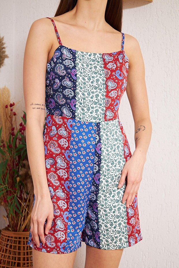 Kadın Bordo Desenli Patchwork Şort Tulum DM4003 - 6