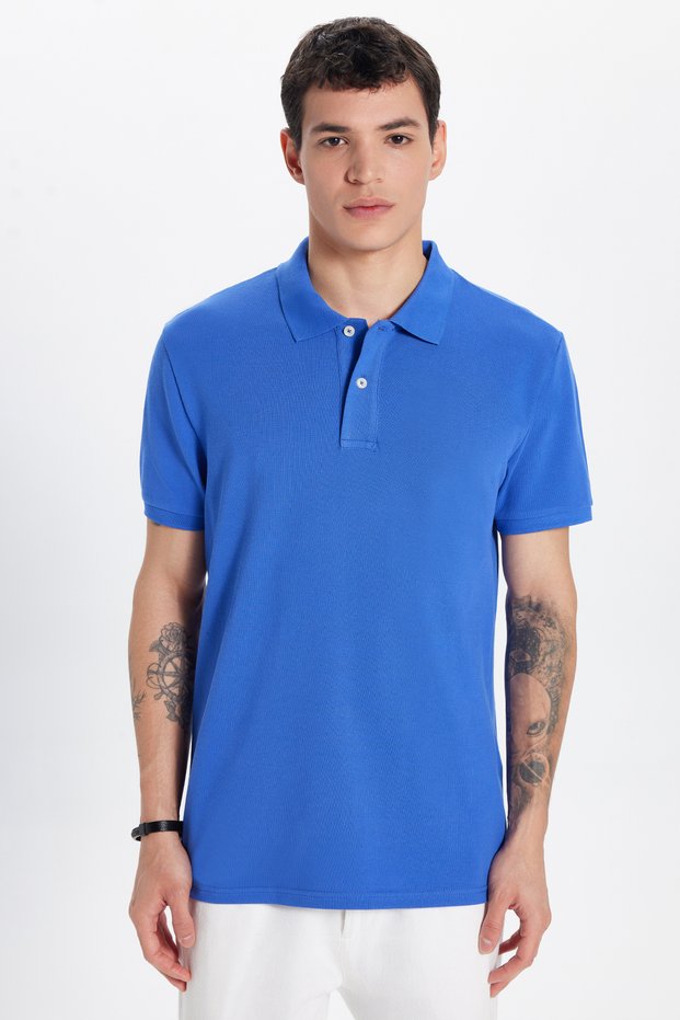 Men's Slim Fit Slim Fit 100% Cotton Dark Blue Polo Neck T-Shirt