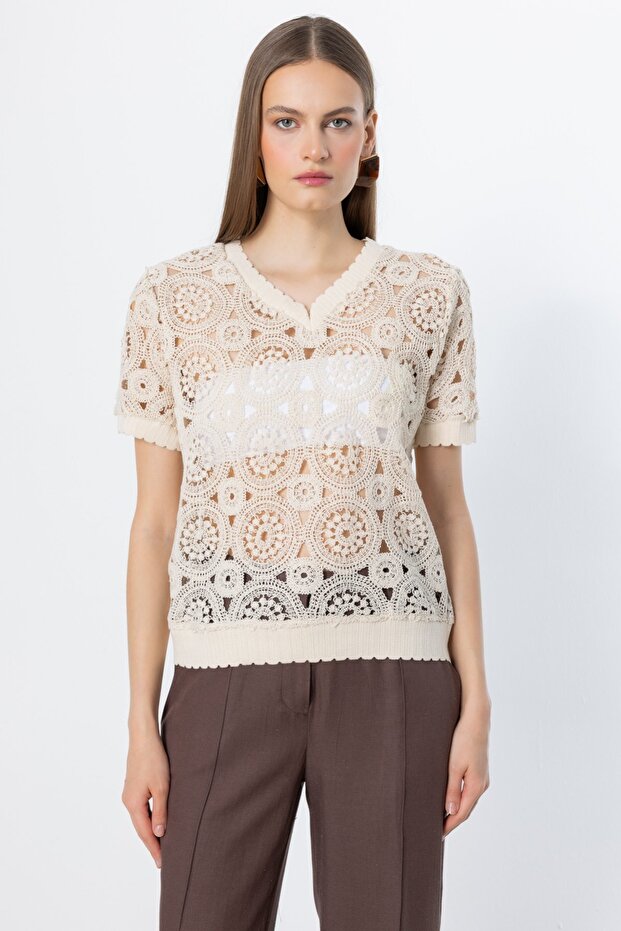 V-Neck Knitted Blouse - 1
