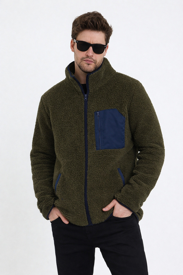 Men's Fleece Comfort Stand Collar Plush Dark Green Jacket