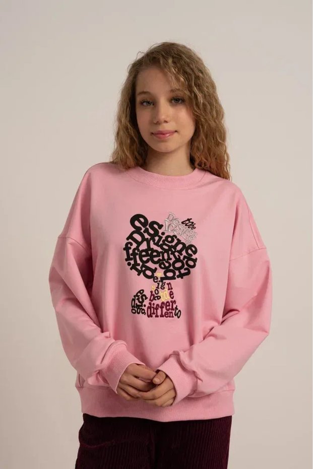 Girl's 7855 Letter Cat Printed 2 Thread Sweat