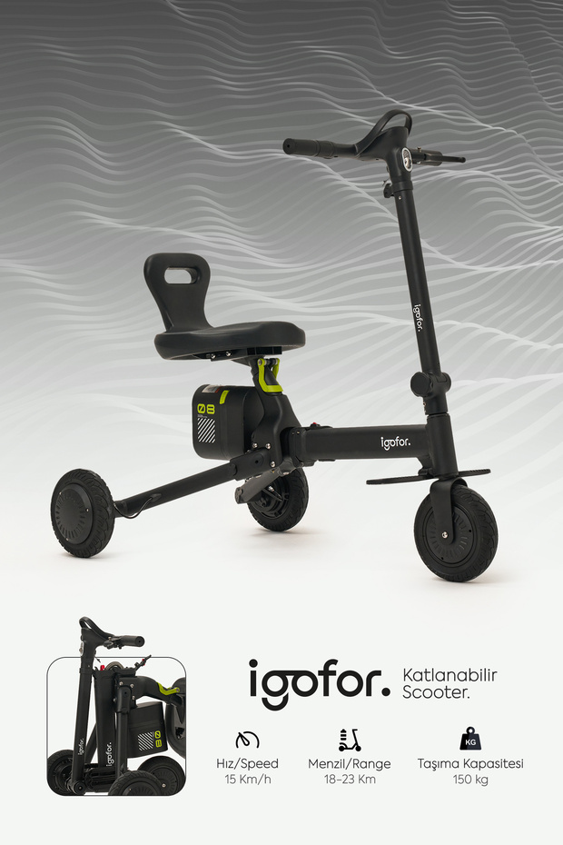 igofor 3 Tekerlekli Katlanabilir Elektrikli Oturulabilir Scooter – Hafif, Taşınabilir, Uzun Menzilli