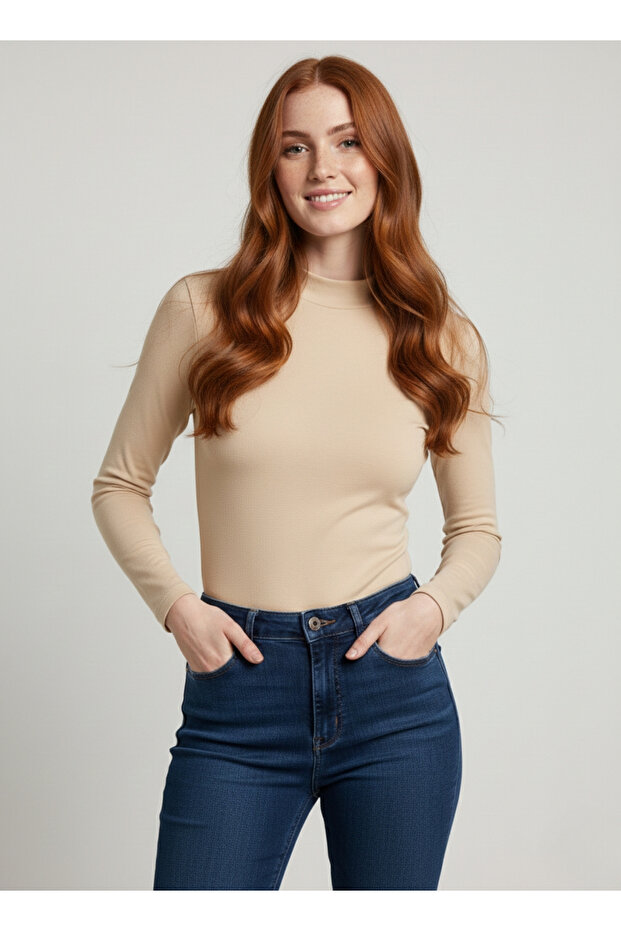 Kadın Ten Rengi Basic Pamuklu Body - 5