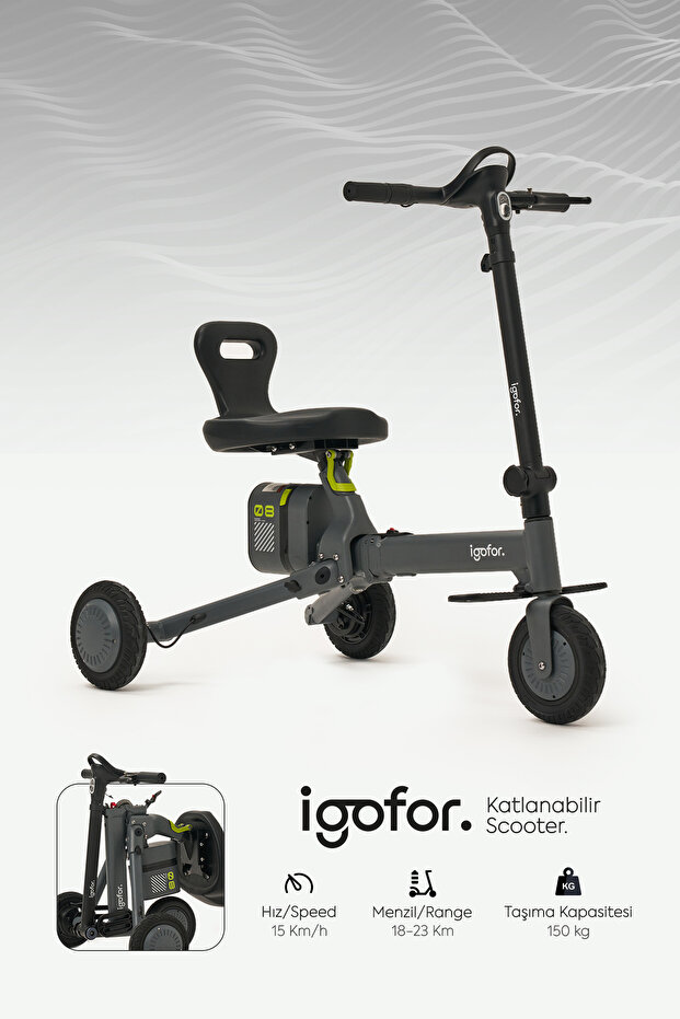 igofor 3 Tekerlekli Katlanabilir Elektrikli Oturulabilir Scooter – Hafif, Taşınabilir, Uzun Menzilli