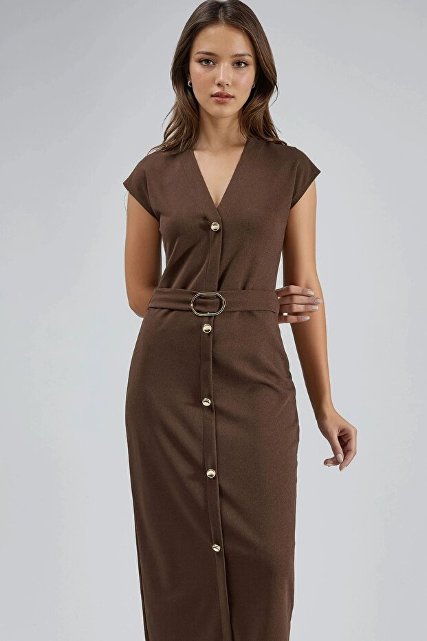 BUSEM Kemerli V Yaka Midi Elbise - 1