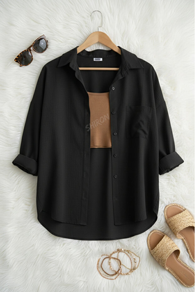 Women's Black Oversized Linen Shirt 100% Cotton