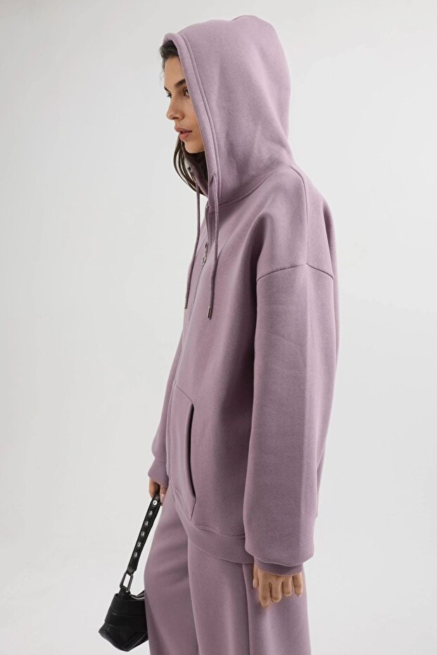 BUSEM Kapüşonlu Oversize Fermuarlı Ceket - 2