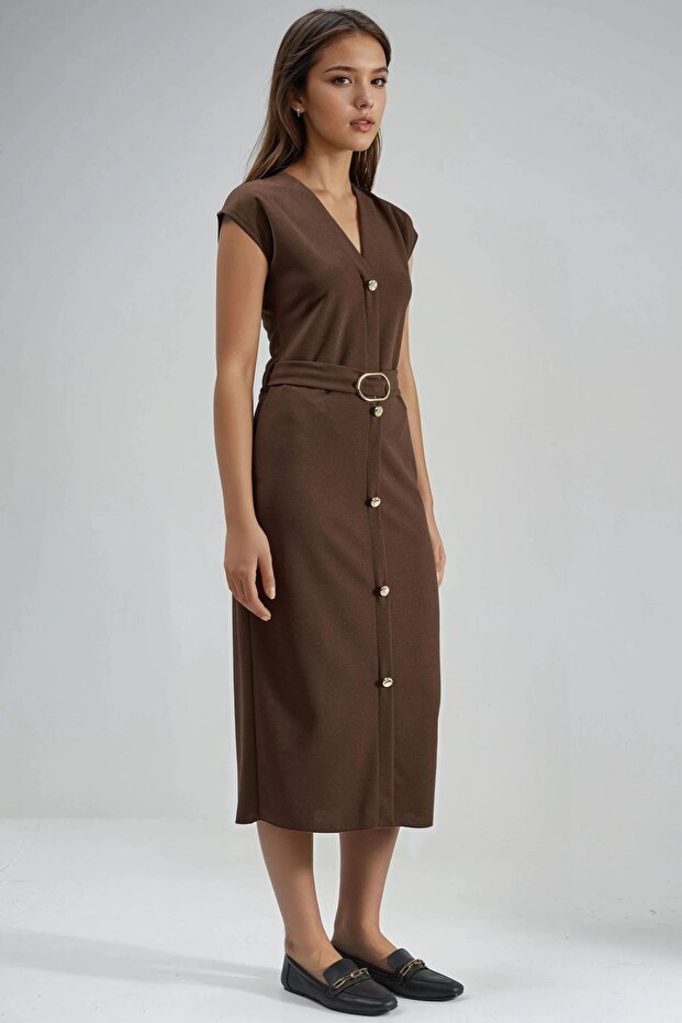 BUSEM Kemerli V Yaka Midi Elbise - 2