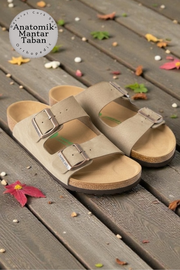 Albus Taupe Cork Sole Orthopedic Unisex Genuine Leather Slippers