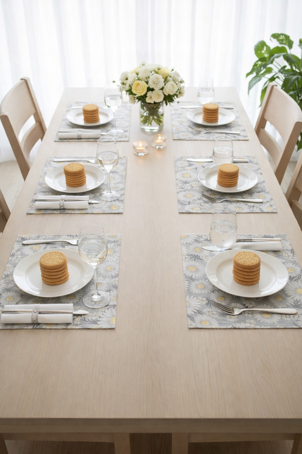 Daisy Patterned Petibör Serving Plate Coasters – Set of 6 | Non-Slip, Wipeable, Stylish Tableware Presentation Mat