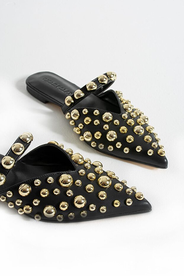 Women's Loja Black Gold Tropu Flat Sole Slippers Pointed Toe