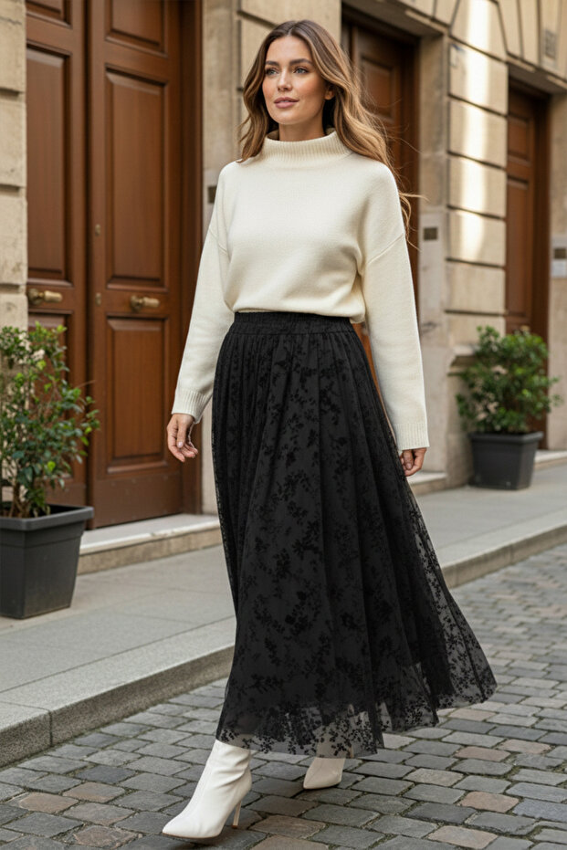 Flock Printed Skirt K214 Black