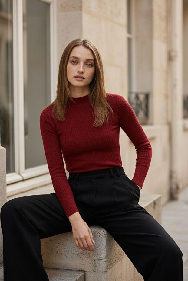 Women's Long Sleeve Turtleneck Corded Fabric Badi