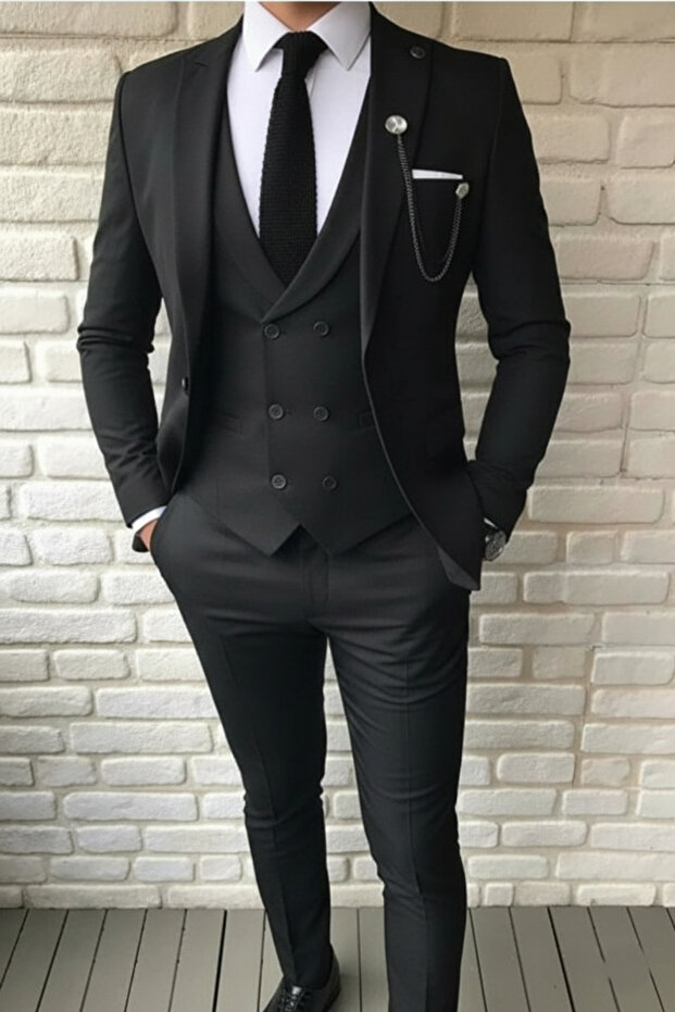 Black Slim Fit Plain Black Fabric Suit (Tie, Pocket Square and Lapel Pin Included as Gifts)