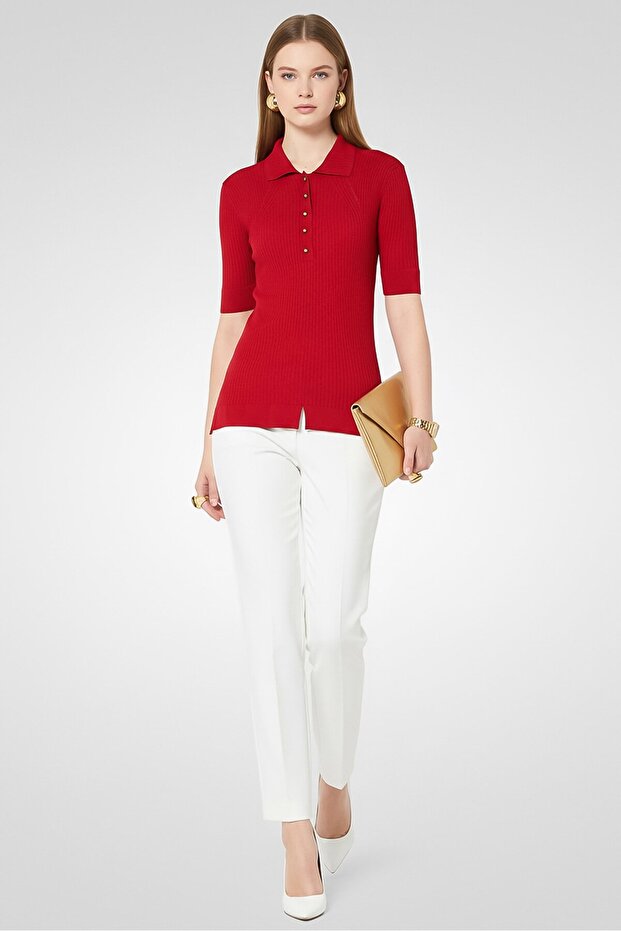Women Spread Collar Short Sleeve Knitted Polo Shirt, Red