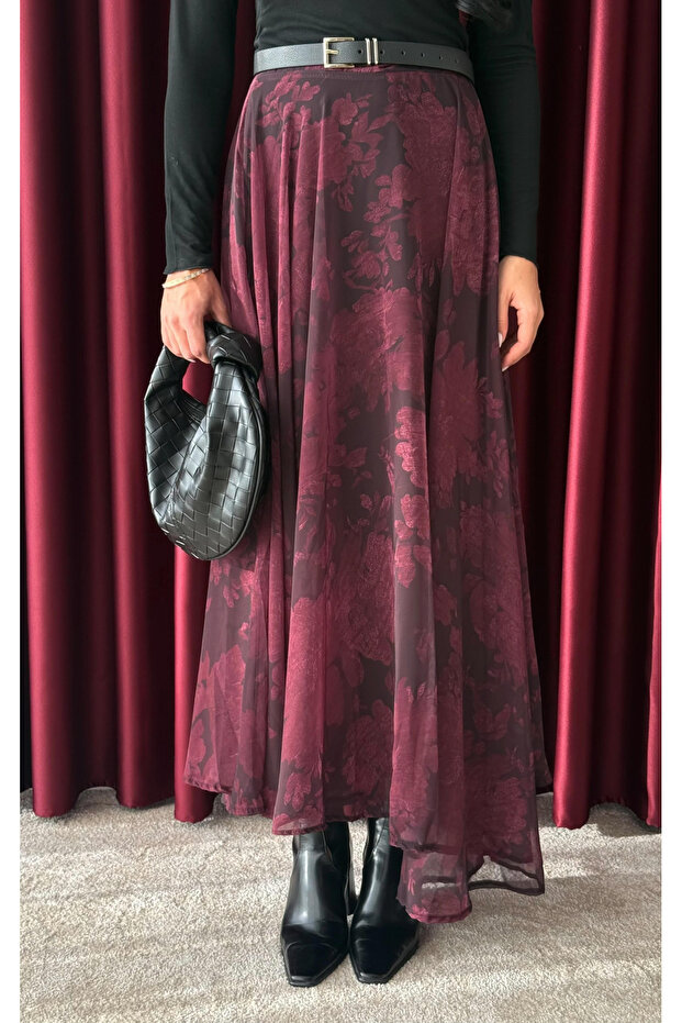 Burgundy Asymmetrical Model Floral Patterned Chiffon Skirt - 0612