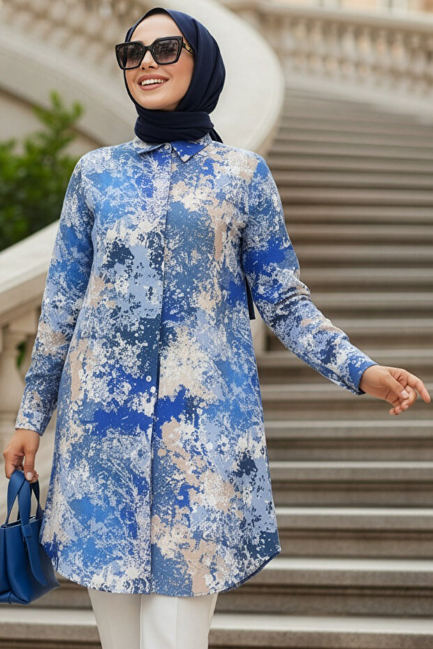 Patterned Indigo Blue Hijab Viscose Tunic 11707Im