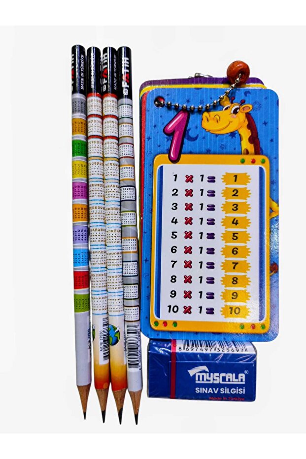 Fatih 4-Piece Pencil Set, Eraser and Multiplication Table Card, Multiplication Table with Gift