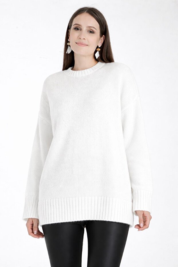 Oversize Basic Beyaz Uzun Kadın Kazak - 2