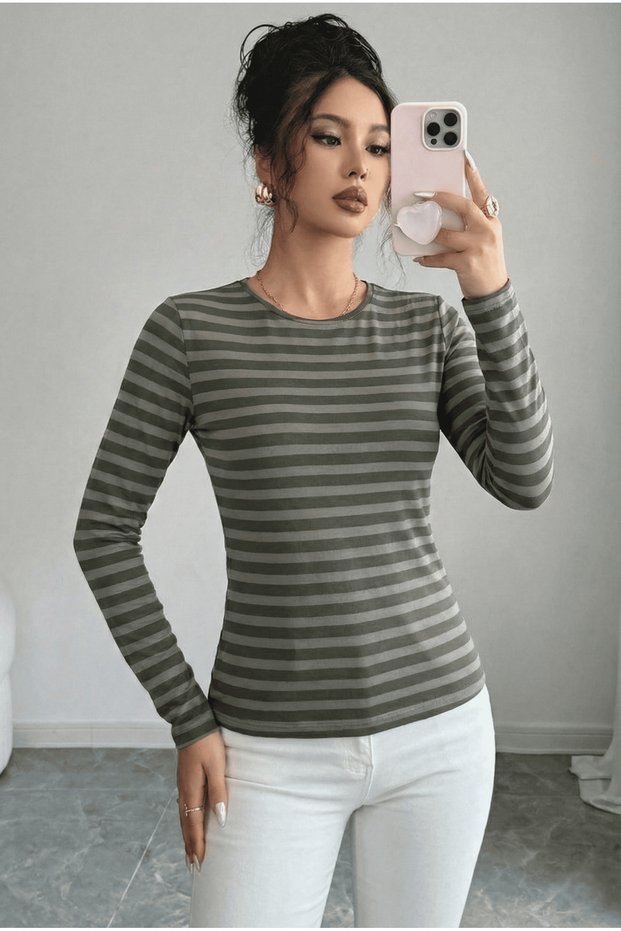 Women's Striped Crew Neck Long Sleeve Basic T-Shirt-Blouse, Relaxed Fit