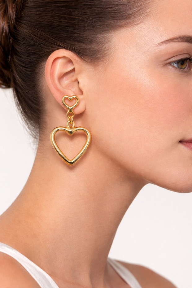 Steel Yellow Dangle Double Heart Figured Women's Stud Earrings