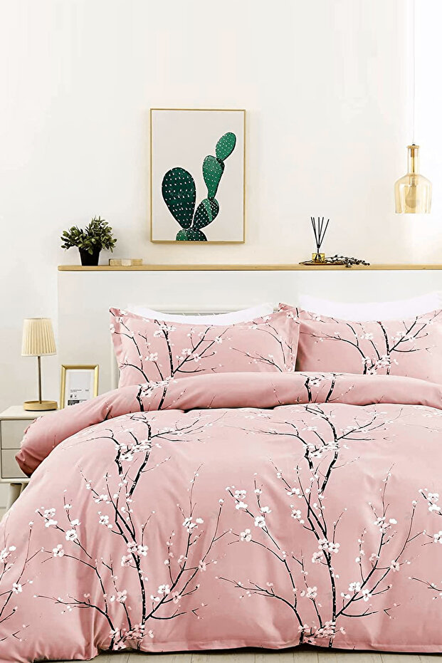 Reversible Single Duvet Cover Set with Elastic Bed Sheet Alaçatı Powder Pink