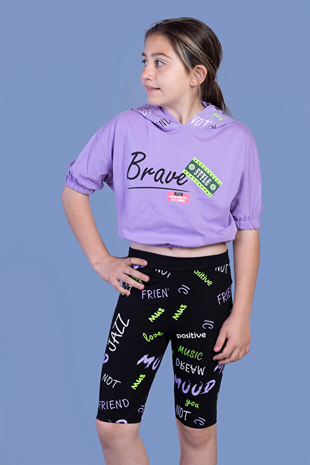 Girl's 2-Piece Set Printed Hooded Short Sleeve Crop Sweatshirt & Basic Plain Crop Leggings