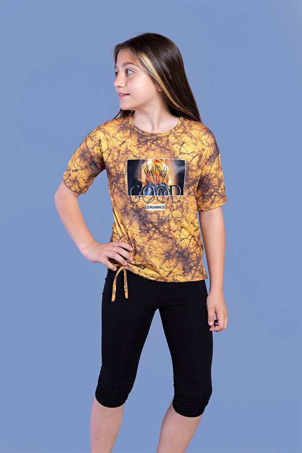 Girl's 2-Piece Set Printed Crew Neck T-Shirt & Basic Plain Leggings - Slit Detail - Tie-Up