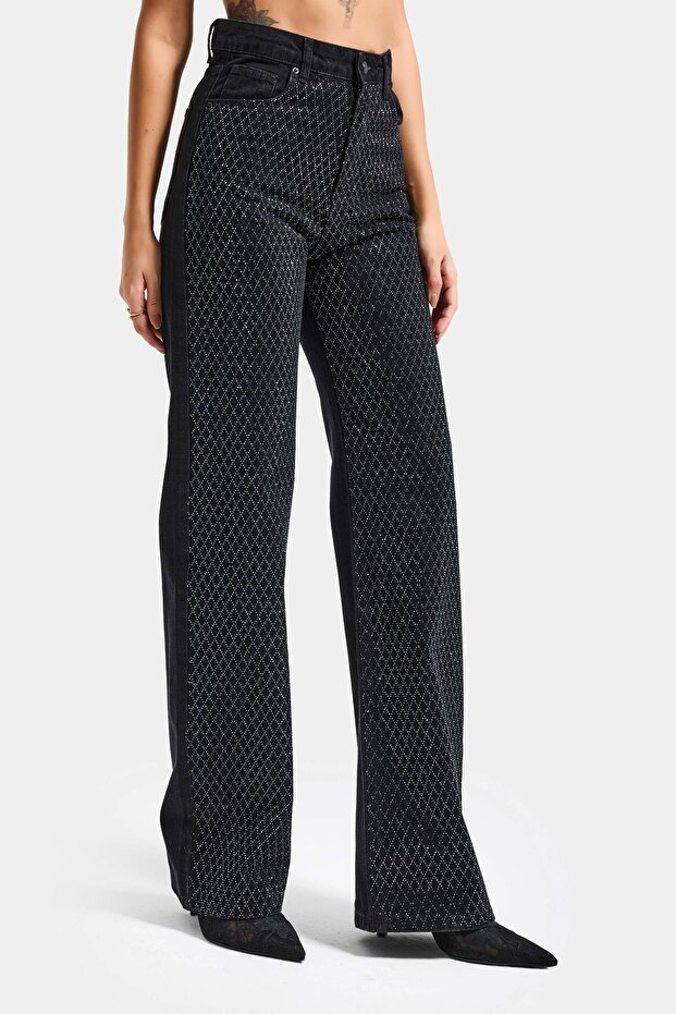 Women's Black Color T3-1S5-1 Straight Fit High Waist Shiny Sparkling Stone Design Denim Jean