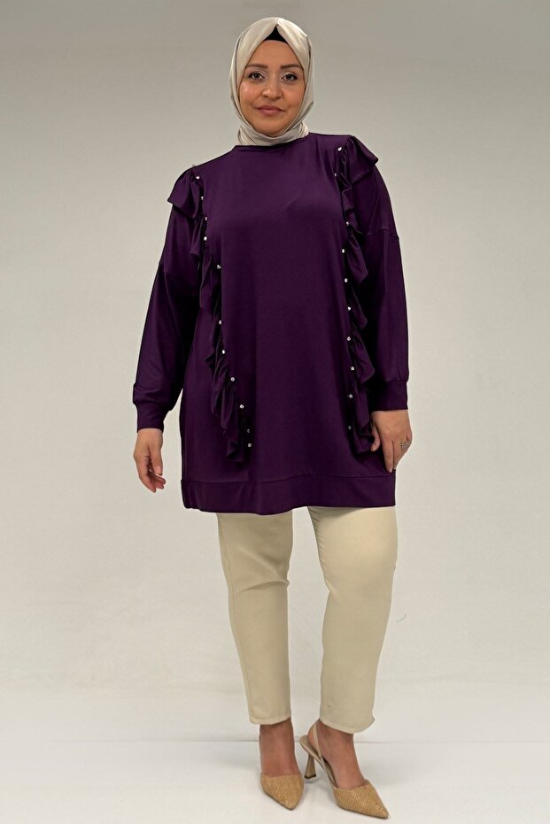 58074 Large Size Ruffle and Stone Detailed Combed Cotton Tunic - Plum