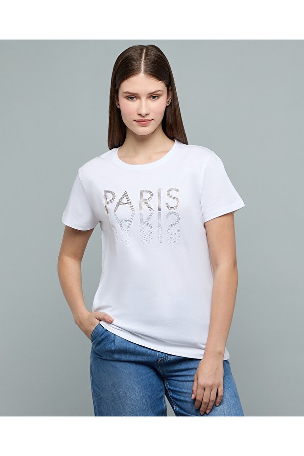 Embellished T-Shirt with Crew Neck and Short Sleeves