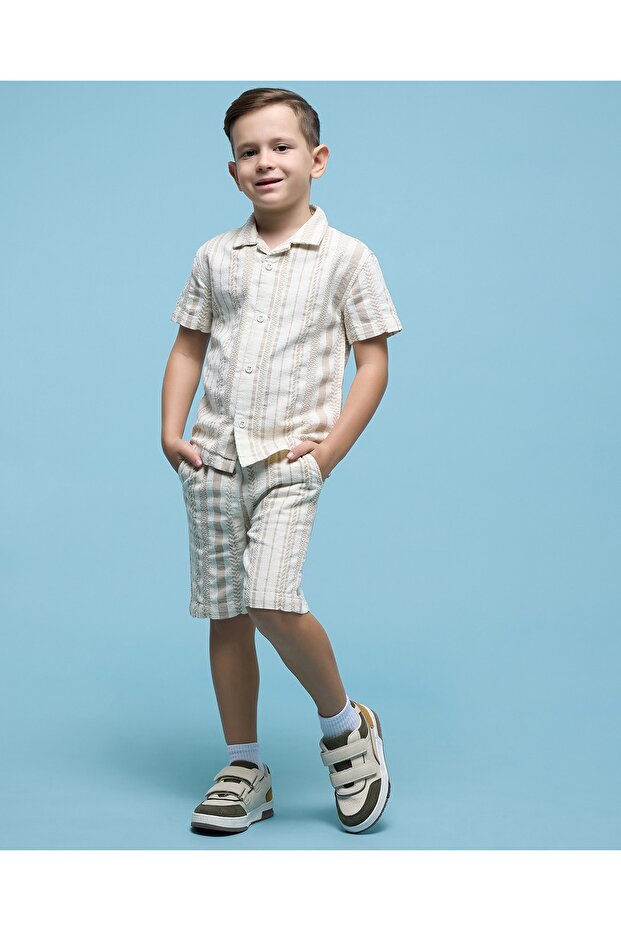 Boys Beige Striped Shirt and Shorts Set