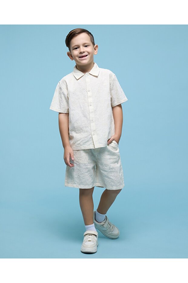 Boys Beige Jacquard Shirt and Shorts Set