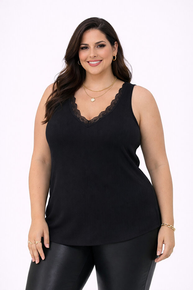 Women's Front and Back Lace Detailed V-Neck Plus Size Undershirt