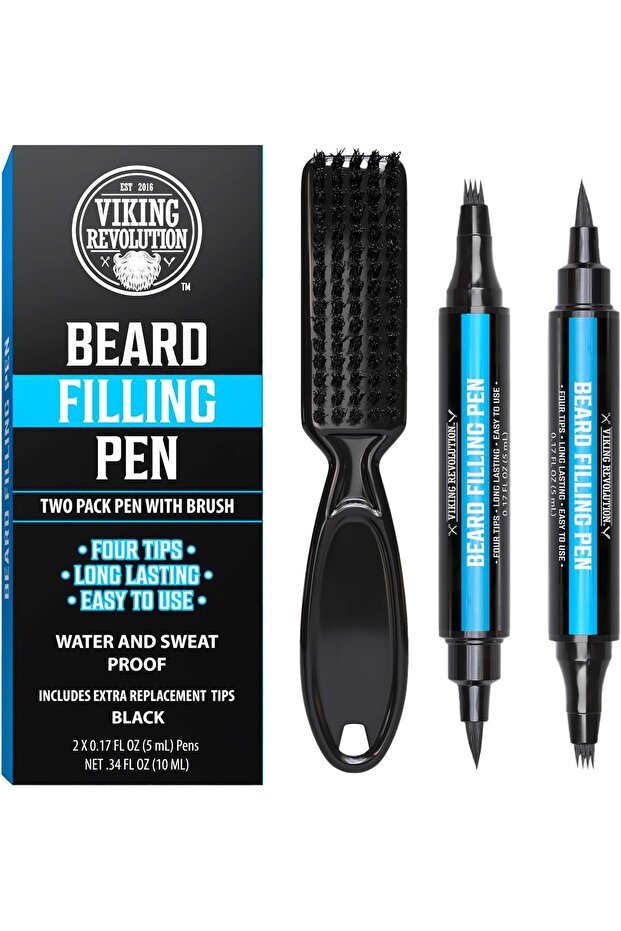 Beard Pen 2 Pack Black Waterproof Beard Filler Pencil with Brush Long Lasting for Men