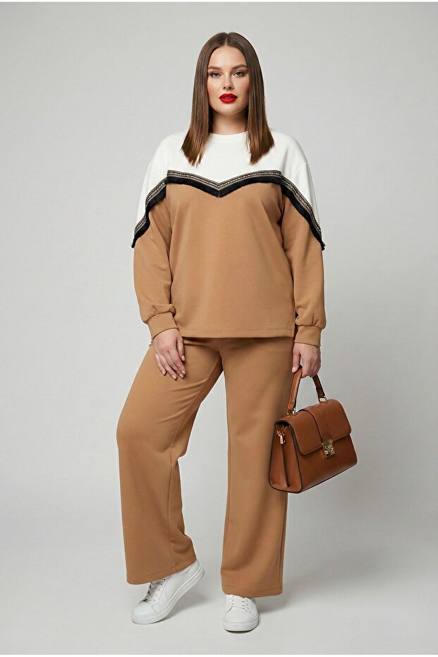 Women's Plus Size Long Sleeve Tassel Detailed Modal Fabric Tracksuit Set 8249-26