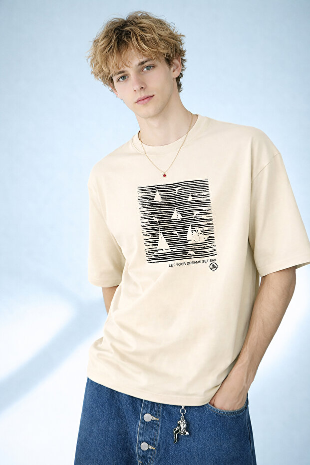 Men's Let Your Dreams Set Sail Printed Sailing Patterned Beige T-Shirt