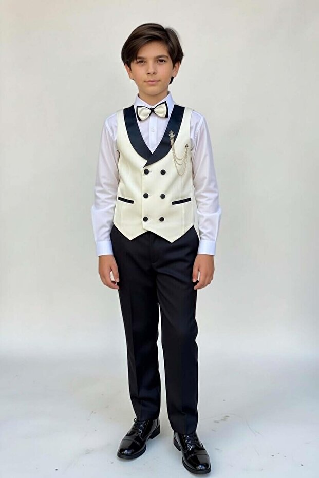 Boys' White Cepken Gabardine Shirt with Stripe Collar and Pocket Detail, Bow Tie Suit