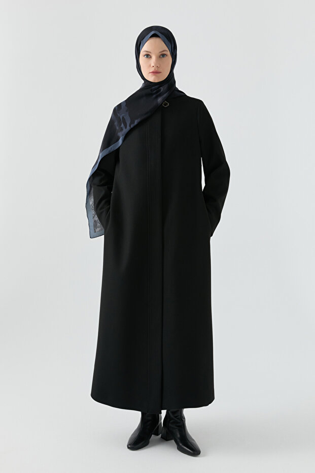 Gizli Pat Düğmeli Basic Manto - Siyah - 3