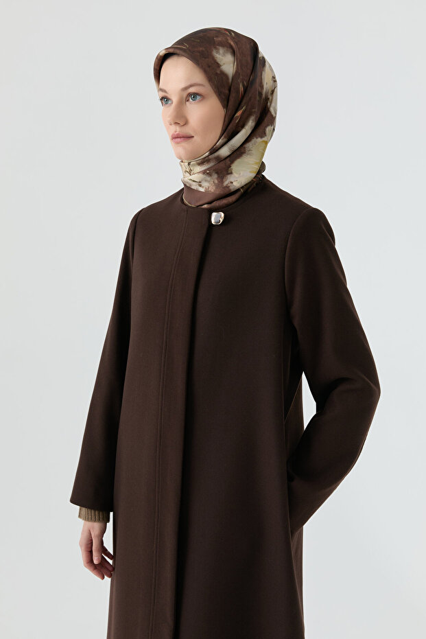 Gizli Pat Düğmeli Basic Manto - Kahve - 4