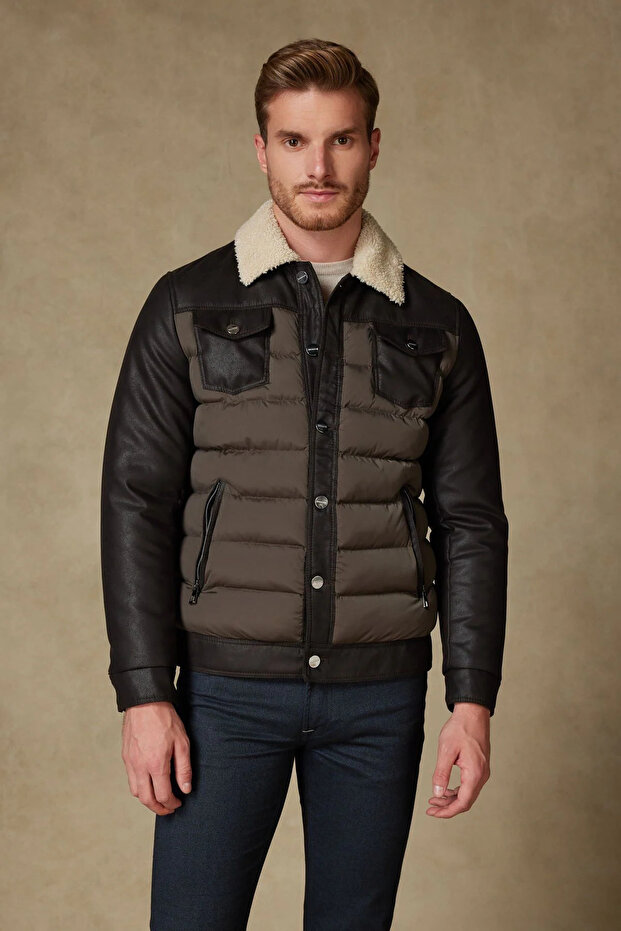 Men's Fur Collar Faux Leather Sleeves Puffer Winter Casual Coat
