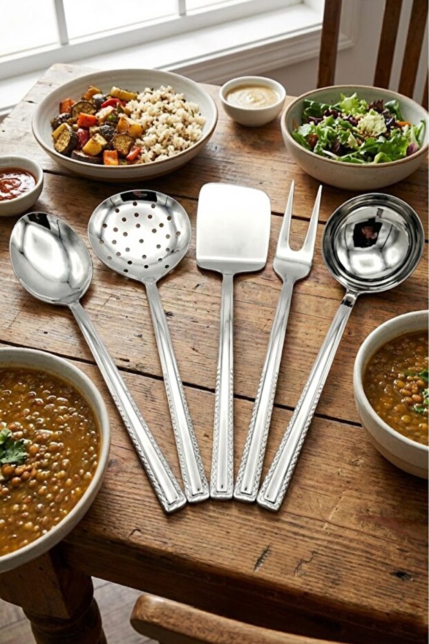 5-Piece Steel Spatula Serving Spoon Fork Colander Ladle Set İnci