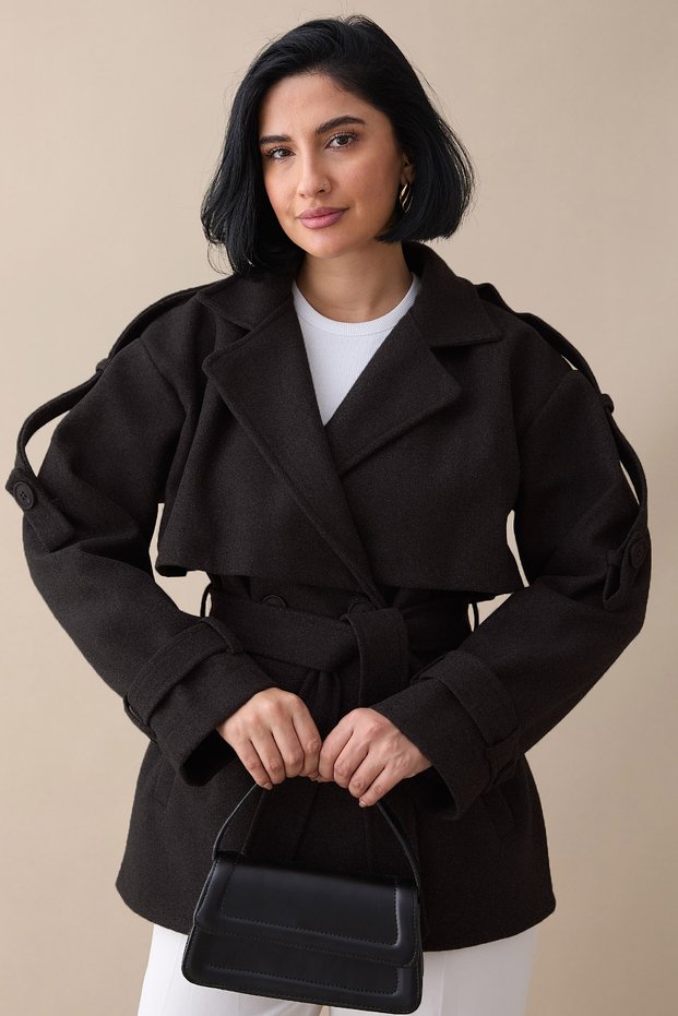 Kolu Apolet Kaşe Bitter Brown Short Coat