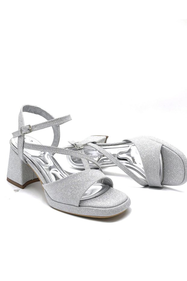 (Erbay) Women's Evening Dress Shoes with Thick Heels Silver