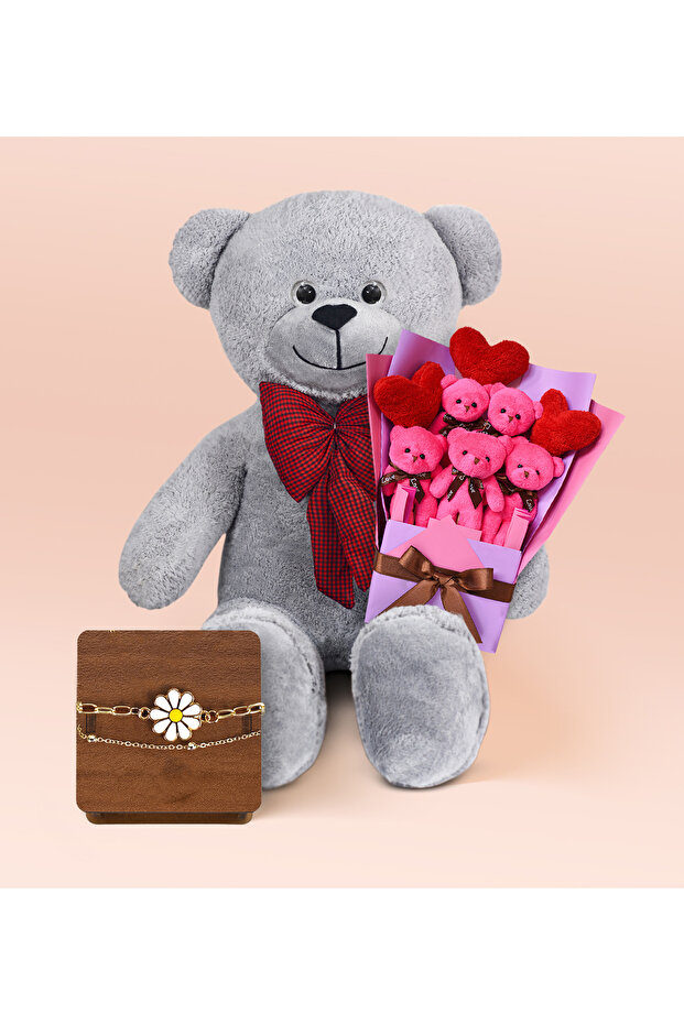 Valentine's Day Special Gift Box - 90 cm Bow Tie Teddy Bear, Heart Teddy Bear Bouquet, and Bracelet