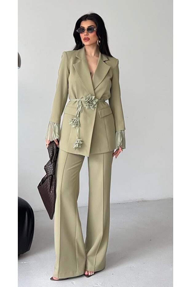 Women's Rose Detailed Sleeves Design Jacket Trousers Set Khaki