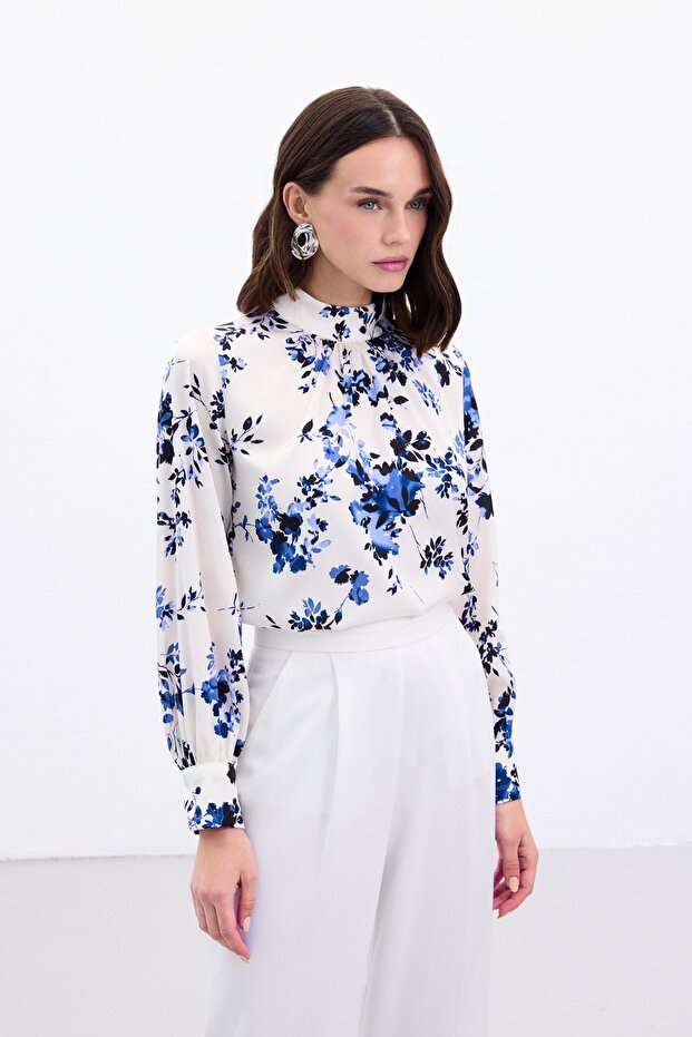 Dik Yaka Bluz - Mavi - 4